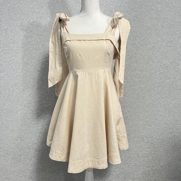 Mable Dresses & Skirts - Mable Dress Womens Large Beige Linen‎ Blend Bow Strap Fit Flare Lined Casual
